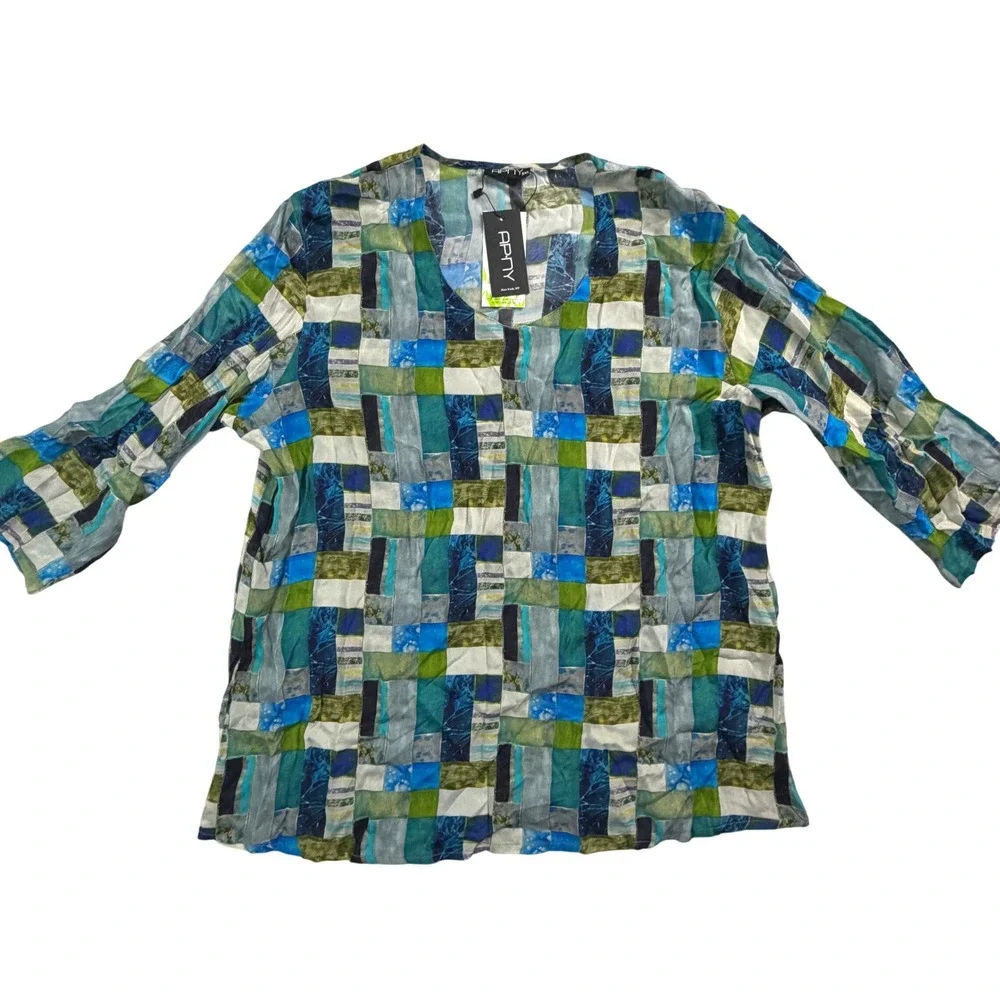 NWT APNY XXL Blue Green Mix Print V Neck Top 3/4 Sleeve Cupro Viscose - Picture 1 of 9